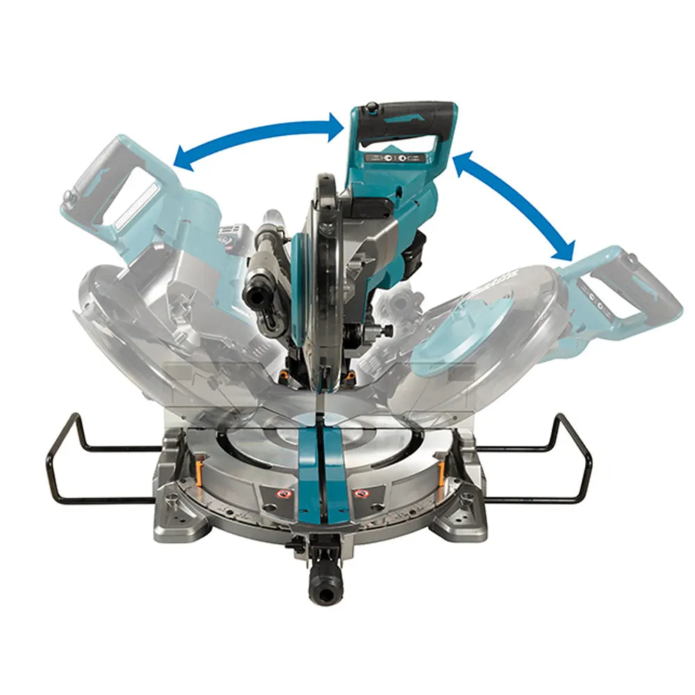 Makita Battery Powered Miter Saw with a teal and black cordless handle, clear dust collection ports, and blue motion arrows indicating the dust collection feature, shown on a white background.