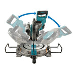 Makita Battery Powered Miter Saw with a teal and black cordless handle, clear dust collection ports, and blue motion arrows indicating the dust collection feature, shown on a white background.