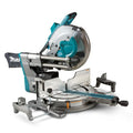 Makita Battery Powered Miter Saw in teal and black colour with a partially visible white Makita logo, on a white background.