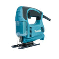 Makita jigsaw saw in teal and black with a clear dust collection container, shown on a white background.