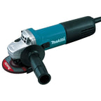 Makita angle grinder with a black and teal body, silver metal housing, and a red-and-black abrasive disc, shown on a plain white background.