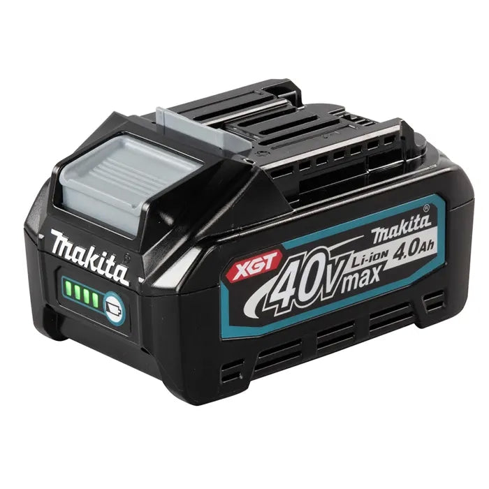 Makita 40V Li-ion 4.0Ah cordless battery in black with teal and white branding, shown on a plain white background.