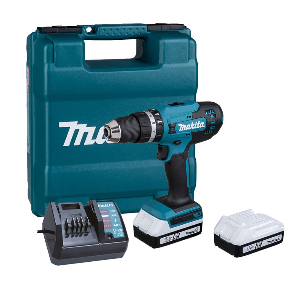 Makita cordless drill HP488D driver kit with a teal and black drill, a matching teal carrying case, a black dual-port charger, and two battery packs on a white background.