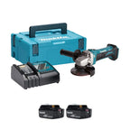 Makita cordless angle grinder kit with a teal and black angle grinder, matching carrying case, dual charger, and two 18V batteries on a white background.