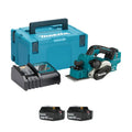Makita Cordless Woodshop Planer kit with two batteries and charger in teal and black colours with a white Makita logo on a white background