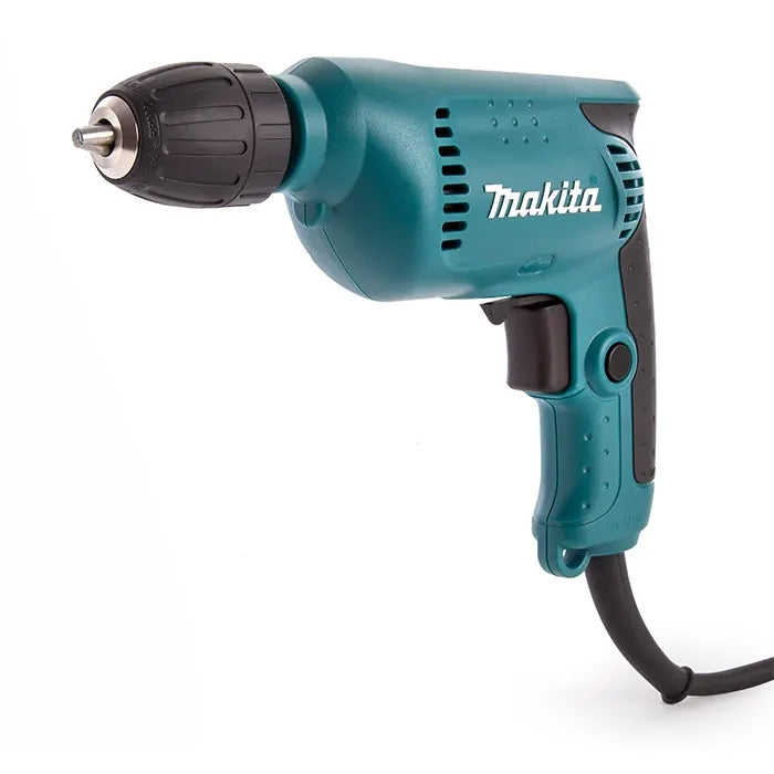 Makita cordless drill driver with a teal body, black chuck, and black power cord on a white background.