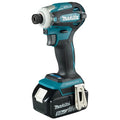Makita cordless impact driver with a teal and black handle, silver chuck, and attached black on a white background.