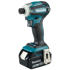 Makita cordless impact driver with a teal and black handle, silver chuck, and attached black on a white background.