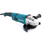 Makita angle grinder with a teal and black body, silver metal housing, and black guard, shown on a white background.