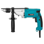 Makita cordless hammer drill with a black auxiliary handle, featuring a teal and white body on a solid white background.