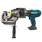 Makita Cordless Metal Hole Puncher in teal black and yellow colour on a white background