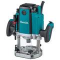 Makita Wood Router Machine with a teal and black body, silver base, and clear plunge bit holder, shown on a white background.