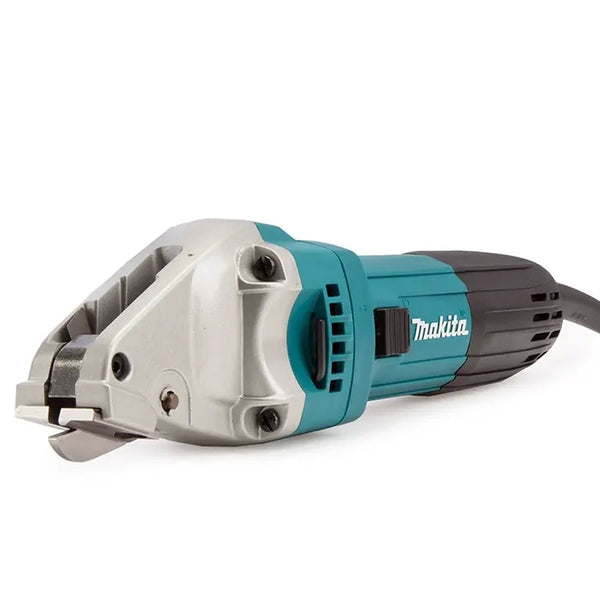 Makita Electric Metal Shear in teal and black colour with white makita logo in white background