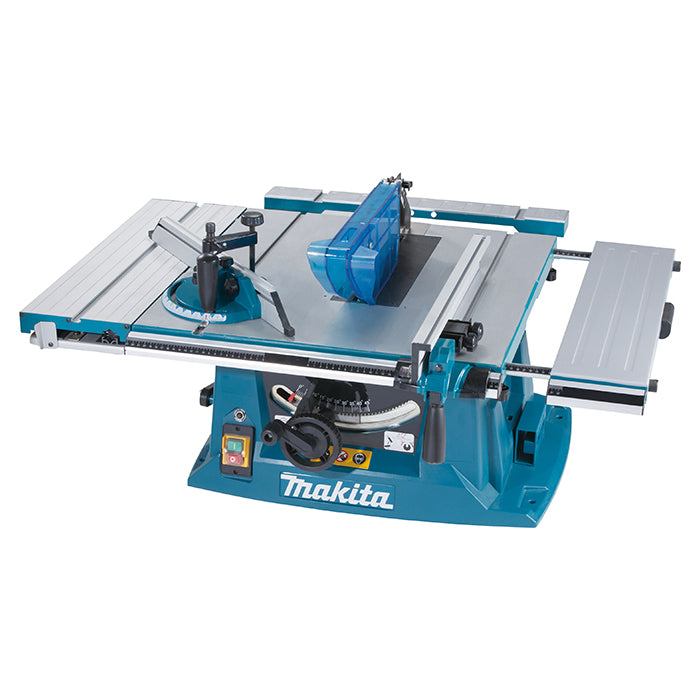 Makita table saw with a blue and silver metal body, shown on a solid white background.