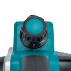 Close-up of a teal and black cordless Makita power tool showing the speed adjustment dial with white markings on a white background.