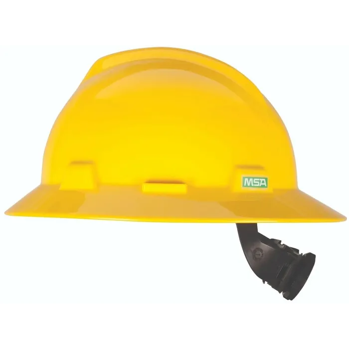 MSA V-Gard® Safety Helmet, Full Brim Hard Hat, Polyethylene, 4 Point Ratchet Suspension, Yellow - 86441