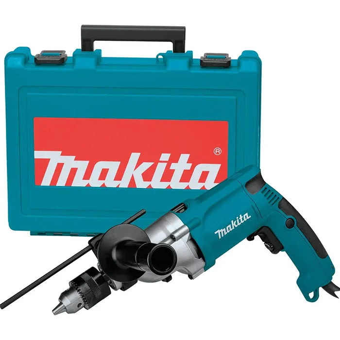 Makita drill with blue case on a white background