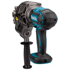 Makita cordless metal hole punch with a black and teal body, featuring a built-in black handle and a battery pack, shown on a solid white background.