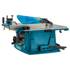 Makita table saw with a blue and silver metal body, shown on a solid white background.
