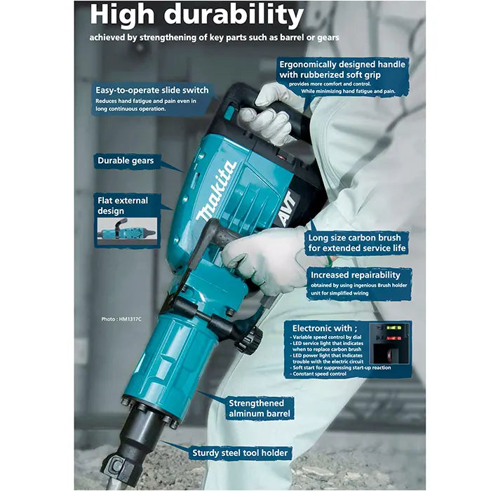 Makita Jack Hammer Machine, 1,510W, 1,450 BPM, Anti-Vibration, 17kg HM1317C