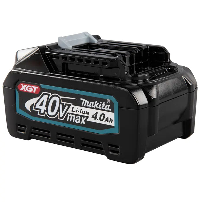 Makita XGT 40V Li-ion max 4.0Ah battery pack, black with a blue and white label, on a white background.