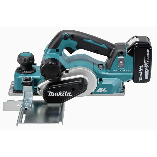 Makita cordless planer with a teal and black body, silver guide plate, and black battery pack, shown on a clean white background.