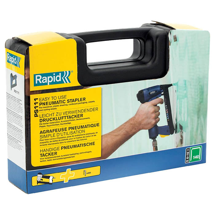 Rapid pneumatic nailer in its original retail packaging, featuring a yellow and blue box with a black carrying handle and an illustration of the tool being used.