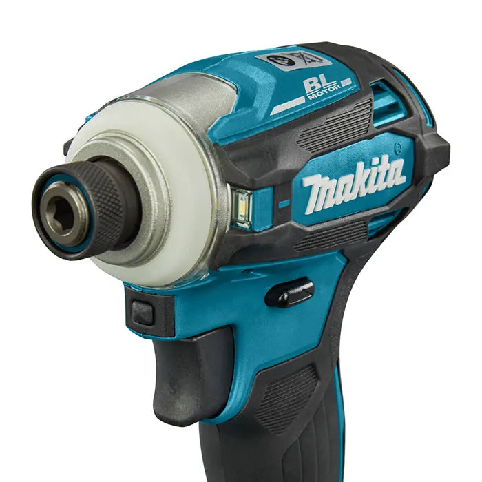 Makita cordless impact driver with a silver and black chuck, shown on a solid white background.