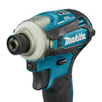 Makita cordless impact driver with a silver and black chuck, shown on a solid white background.