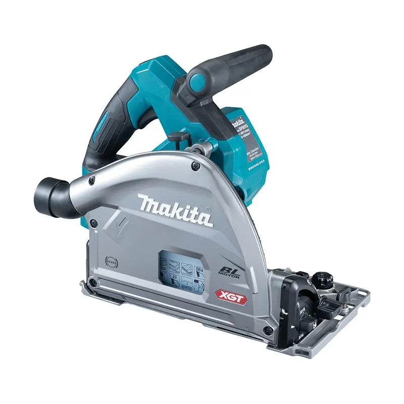 Makita circular saw with a silver and gray body, teal battery pack, and black handle, shown on a plain white background.