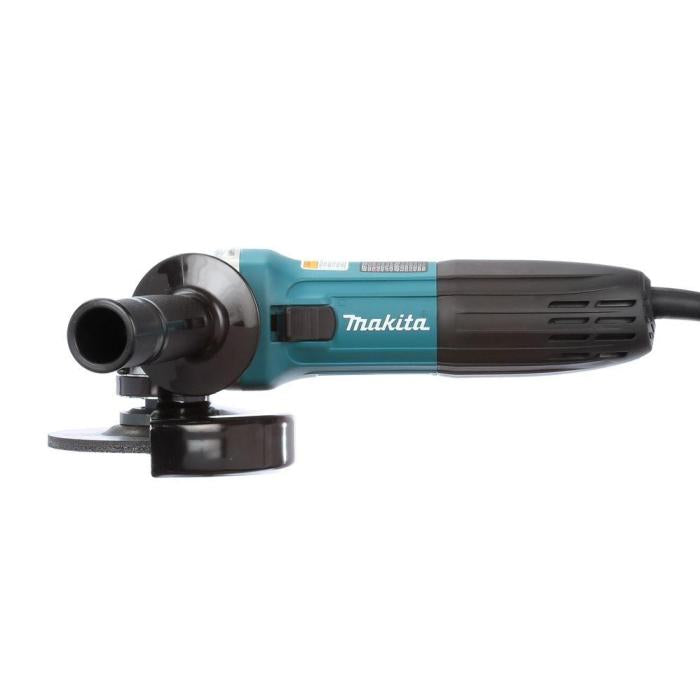 A Makita angle grinder with a black and teal body, shown from a side profile view against a plain white background.