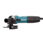 A Makita angle grinder with a black and teal body, shown from a side profile view against a plain white background.