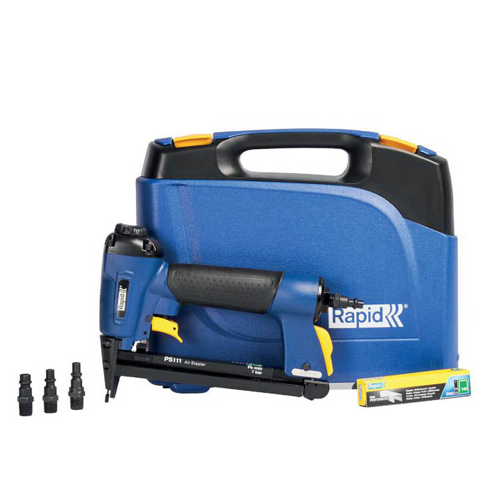 A blue and black Rapid PS111 Air Sharper pneumatic nailer with its matching blue carrying case, three black nozzle attachments, and a yellow-and-blue retail box, all photographed on a clean white background.