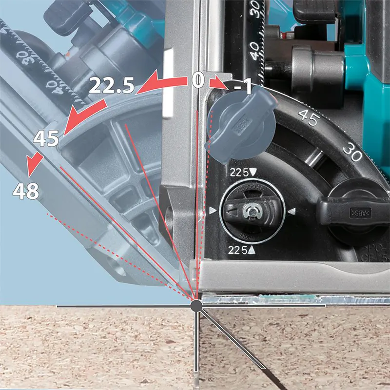 Circular saw with measurement markings on a wooden surface