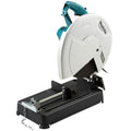 Makita metal saw with a white and teal blade guard and a black base, shown on a solid white background.
