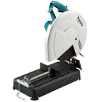 Makita metal saw with a white and teal blade guard and a black base, shown on a solid white background.