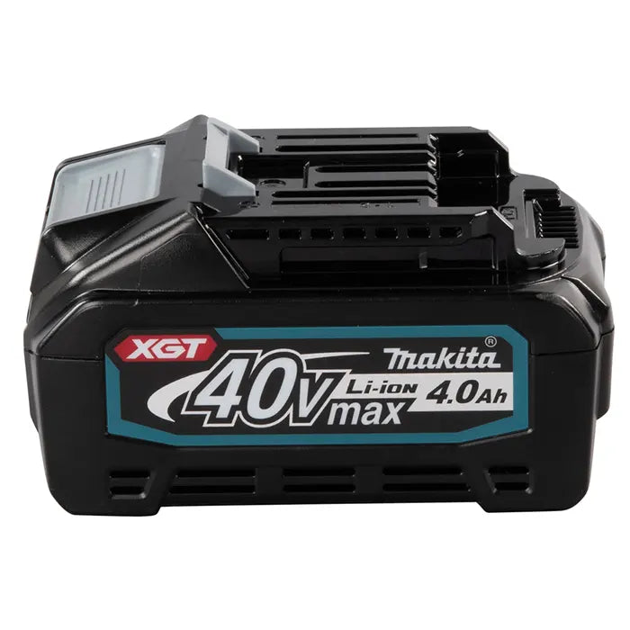 Makita XGT 40V Li-ion 4.0Ah cordless battery pack, black with a teal and white label, on a white background.