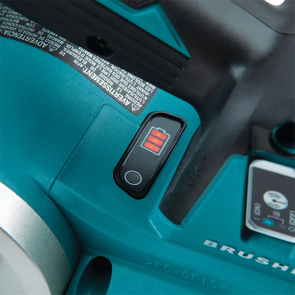 Close-up of a teal Makita Cordless Woodshop Planer with battery indicator and 'Brushless' branding.