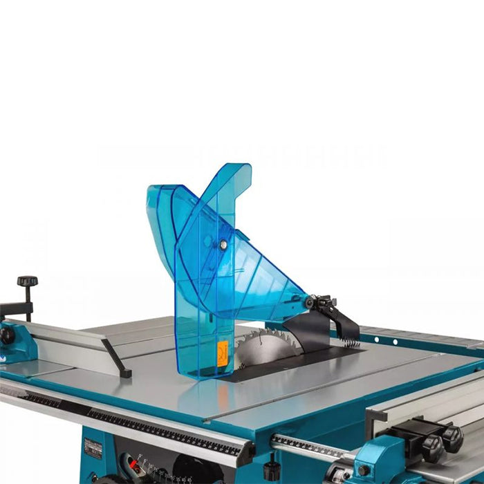 A teal and silver table saw with a translucent blue safety guard, shown from a side angle against a plain white background.