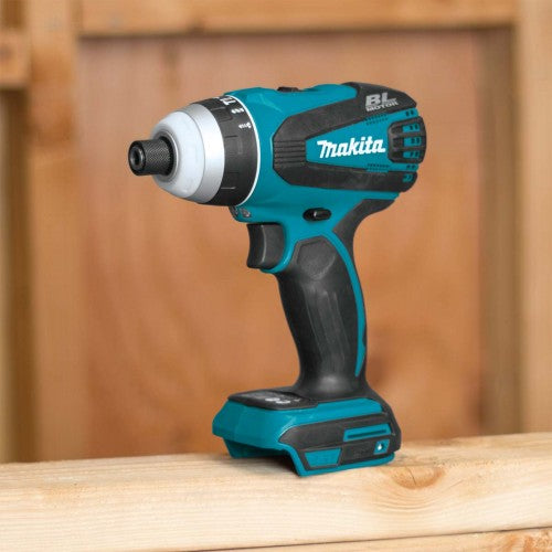 Makita cordless drill on a wooden surface with a blurred wooden background