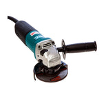 A Makita angle grinder with a black and teal body, silver metal housing, a black pistol grip, and a circular abrasive disc, shown on a plain white background.