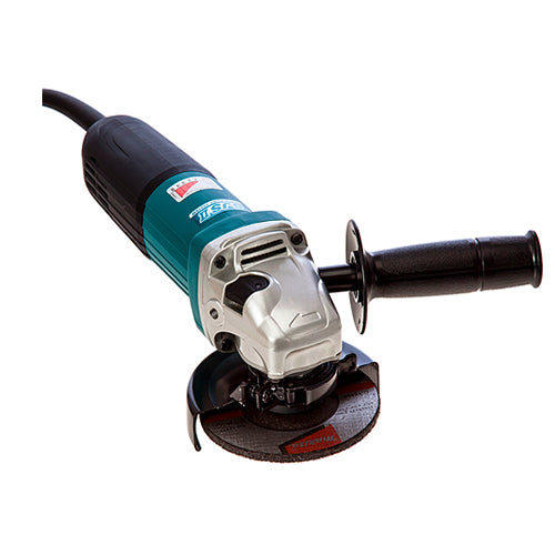 A Makita angle grinder with a black and teal body, silver metal housing, a black pistol grip, and a circular abrasive disc, shown on a plain white background.