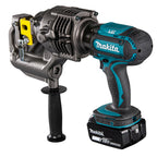 Makita LXT cordless metal hole punch with a black auxiliary handle and a 18V lithium-ion battery, shown on a solid white background.