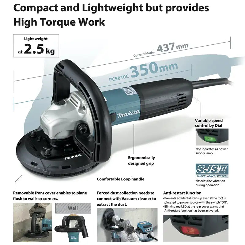 Makita Concrete Floor Planer, Wheel Diameter 125mm (5 inch), 1400W, 3.6kg PC5010C