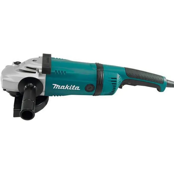 Makita angle grinder with a teal body, black and gray accents, and a silver guard, shown against a plain white background.