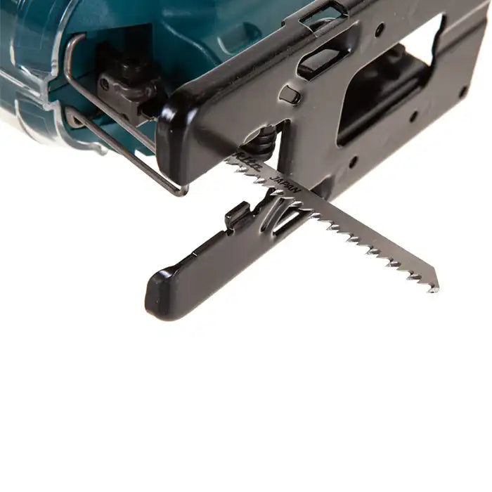 Close-up of a reciprocating saw with a black metal reciprocating blade in Makita jigsaw cutter inserted into the guide, shown against a solid white background.