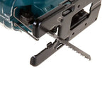 Close-up of a reciprocating saw with a black metal reciprocating blade in Makita jigsaw cutter inserted into the guide, shown against a solid white background.